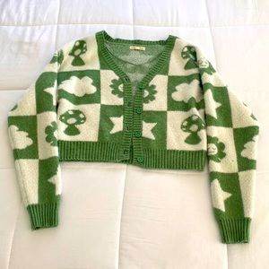 Green and beige Knit cropped Cardigan Style Sweater